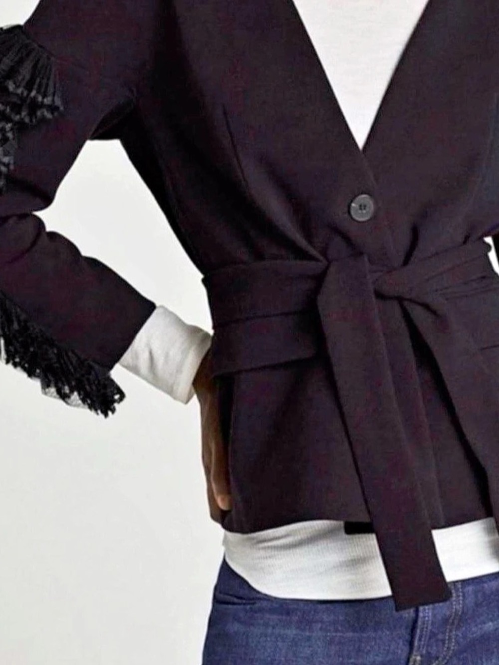 Zara Lace Trim Tie Waist Blazer in Black Size Small